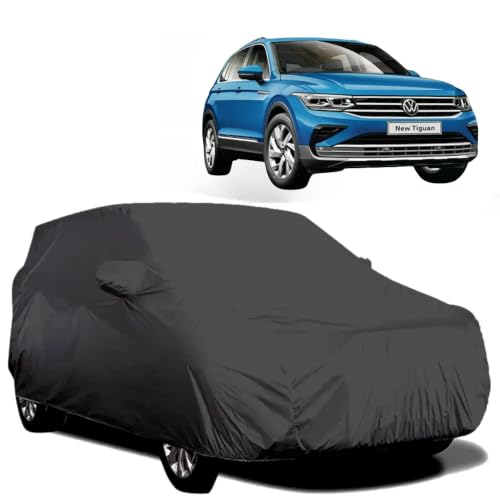 Image of BARBARIKA Waterproof Car Body Cover Compatible with Volkswgn Tiguan Allspace | Waterproof, UV Resistant, Dustproof, Mirror Pockets, with Belt & Buckle - (Black)