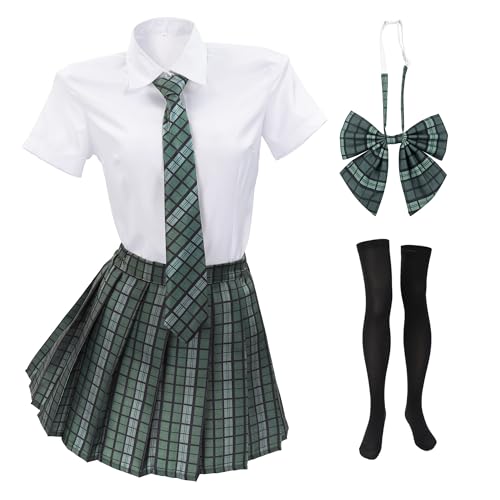 PROCOS US Size Schoolgirl Costume Women Japanese Uniform Outfit with Plaid Bow Tie 5 PCS Dark Green