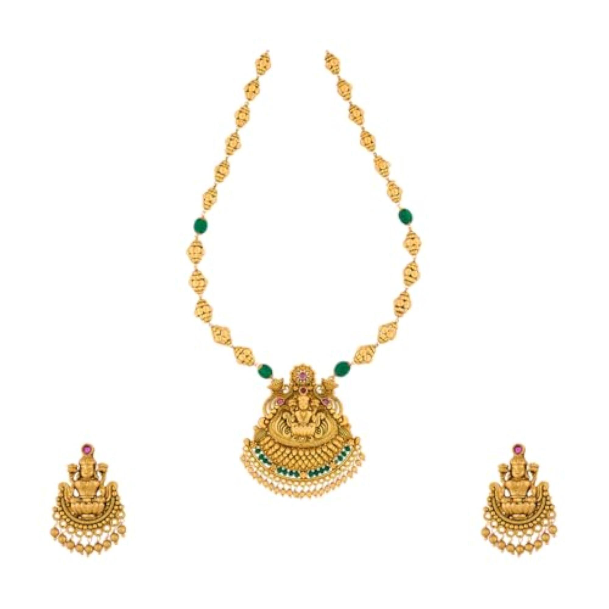 Women's Ruby-Green Gold Plated Antique Necklace Set with Stud Earrings