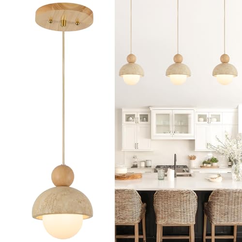 Image of Natural Cave Stone Pendant Lights Kitchen Island Japanese Wabi Sabi Pendant Light Fixture with Wood Ceiling Plate Hanging Lamp for Hallway, Bedroom, Dining Room 3 Packs