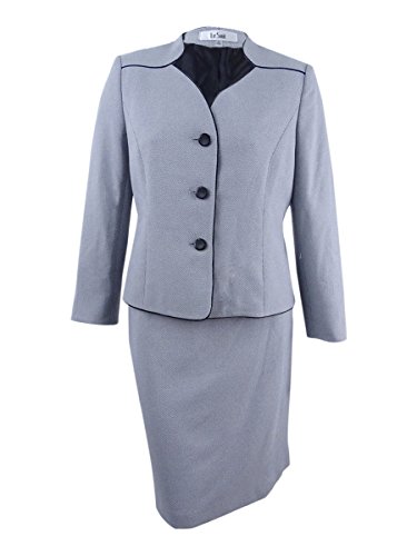 Le Suit Women's Jacquard Collarless 3 Button Jacket Skirt Suit, Black/White, 14