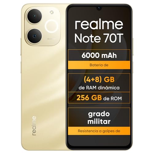 realme Note 70T, 4+256GB Smartphone, Pantalla Eye Comfort de 6,75'' y 90Hz, Batería De 6000mAh, Protección Armorshell, Chipset de Ocho Núcleos, Ultrafino de 7,94mm, IP54, Oro de Playa, Sin Cargador