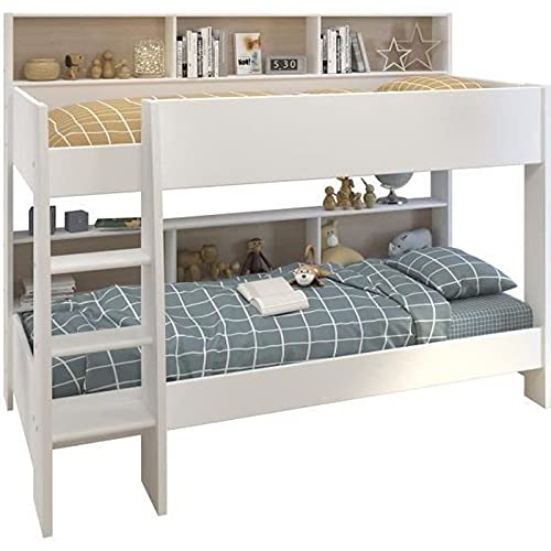 Jim Lit Enfant superposé Contemporain décor Chene Brooklyn et Blanc - l 90 x L 200 cm