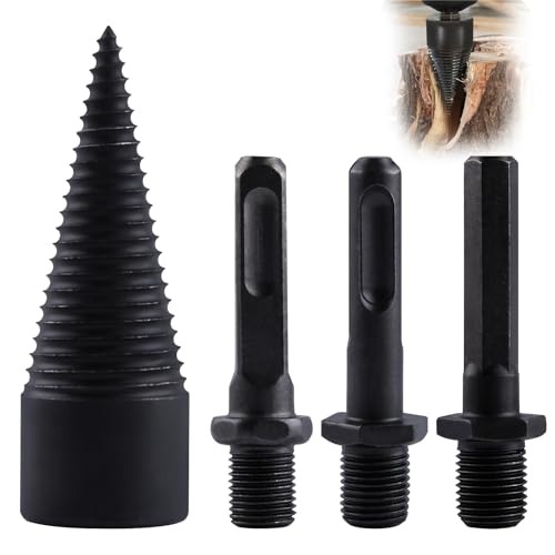 SPEEDWOX 4pcs Firewood Log Splitter Wood Log Splitter Easy Splitter Detachable Drill Bit Heavy Duty Electric Drills Screw Cone Driver Removable 32mm + 3 Handles (Square + Round + Hex Shank)