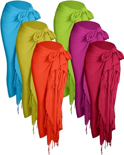 Hercicy 6 Pieces Women Beach Long Sarong wrap Coverups Batik Wrap Pareo with Tassel for Women Sarong for Beach