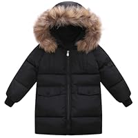 Valcatch Boys Girls Winter Coat Padded Parka Jacket Thicken Long Puffer Jackets Coats Kids Teen Faux Fur Hooded Winter Down Windbreaker Snow Jacket Warm Windproof Outwear with Zipper and Pocket 2-12T