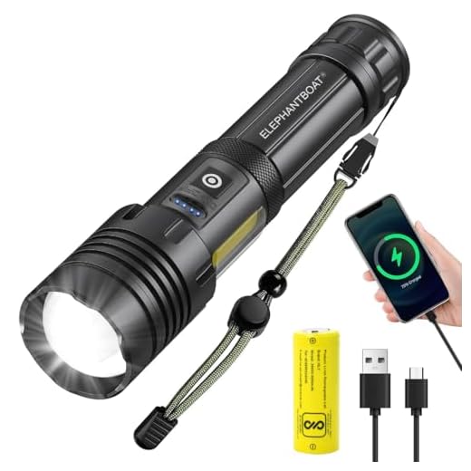 ELEPHANTBOAT® 3000 Lumen Zoomable LED Flashlight, USB Rechargeable 5000mAh Power Bank, Dual Light Source, IPX4 Waterproof, High Beam Torch Light for Emergencies, Camping, Hiking