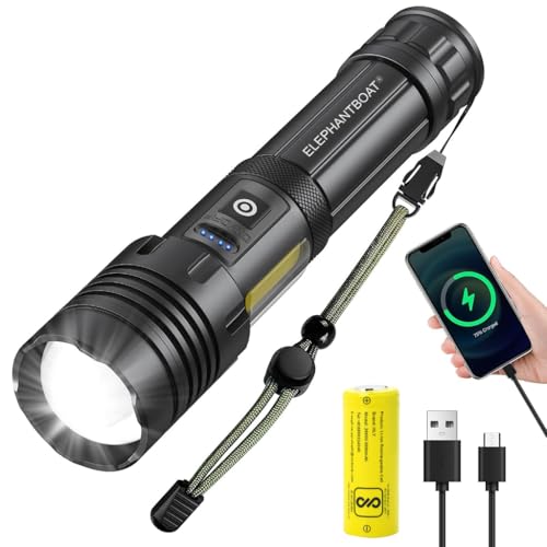 ELEPHANTBOAT® 3000 Lumen Zoomable LED Flashlight, USB Rechargeable 5000mAh Power Bank, Dual Light Source, IPX4 Waterproof, High Beam Torch Light for Emergencies, Camping, Hiking