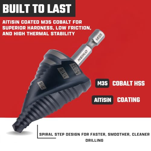 Image of NEIKO 10637B Step Drill Bit, 3 Steps 7 /8 inch to 1-7 /32 inch Spiral M35 Cobalt, AlTiSiN Coated, 1 /4 inch Quick Change Step Bits for Steel, Metal, Wood, Plastic, Unibit Cone Drill Bits, Two Flute