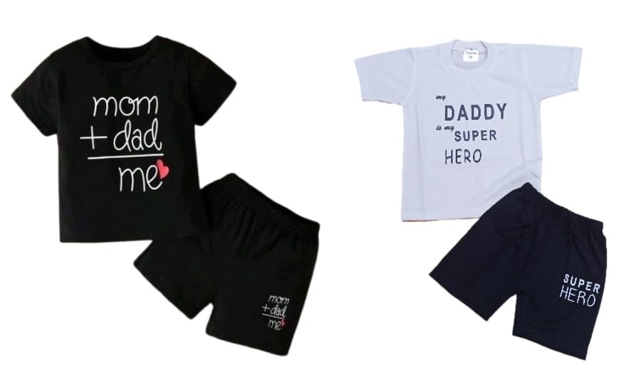 Pankhu"Mom+Dad Me" and "Daddy Superhero" Text Printed Cotton Baby Black and White Combo of 2 Clothing Sets/Tshirt-Shorts (Boys/Girls Born Baby to 6 Years)