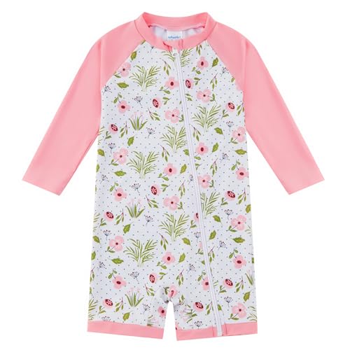 upandfast Maillot de Bain Une pièce avec Zip pour Petite Fille avec Protection Solaire UPF 50+（Fleur Rose，6-9 Mois）