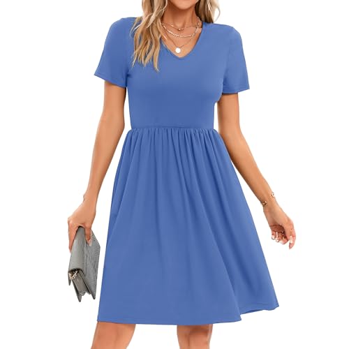 Image of Women's Spring Casual Short Sleeve A-Line Midi Loose Fit Teacher Dresses T-Shirt Flowy Work Travel Sundress with Pockets 2026