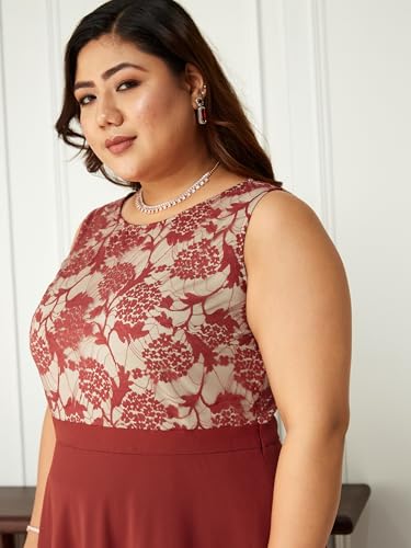 Image of Miss Chase A+ Women's Round Neck Sleeveless Georgette Floral Lace Fit & Flare Maxi Dress