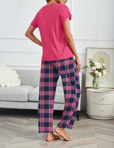 Image of Ekouaer 2 Pack Pajamas for Women Set Short Sleeve Pj Top and Printed Pants | Soft PJs Cozy Printed Lounge Sets Comfy Sleepwear with Pockets