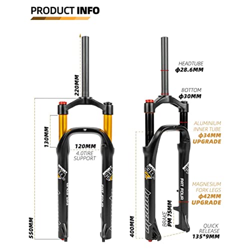 Zcxbhd Bike Suspension Fork 26X4.0 Inch Fat Tire Straight Tube Damping Mtb Bike Fork 100Mm Travel Hl Qr 9Mm Disc Brake Air Fork For Snow Beach Xc (Color : Gold, Size : 26Inch) #TOP1