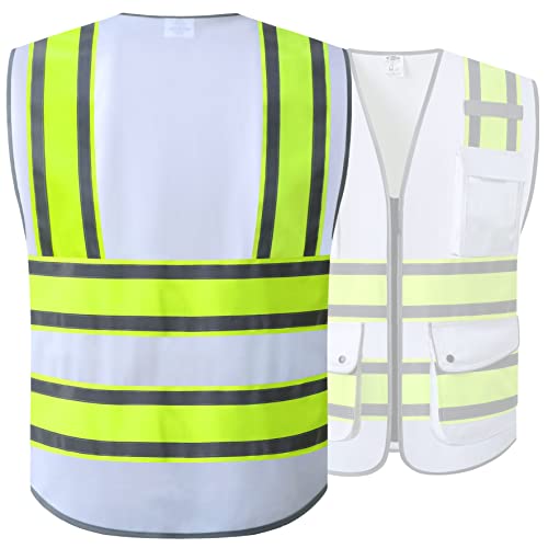 Image of JKSafety 9 Pockets High Visibility Zipper Front Safety Vest | White with Dual Tone High Reflective Strips | Meets ANSI /ISEA Standards (901-White, X-Large)