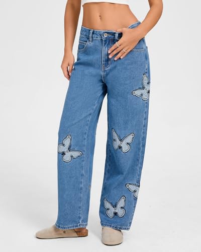 Kedera Women Mid Rise Butterfly Wide Leg Embroidered Jeans 2025 Summer Trendy Baggy Denim Pants Boyfriend Y2K Trousers4