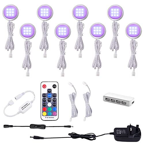 AIBOO RGB Colour Changing LED Puck Lights,16W Ultra-Thin Under Counter Lights Kitchen for Counter Wardrobe Cupboard,8 Lights