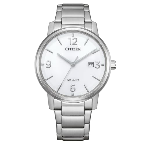 CITIZEN Eco-Drive - Reloj de pulsera solar con fecha y números arábigos en diferentes variantes, White Metal Band, 40 MM