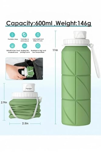 Image of Barebeauty Folding Silicone Water Bottle | Collapsible Travel Water Bottle for Gym, Office, School, Cycling, Hiking & Outdoor Sports | Leak-Proof, Portable Bottle | 600 Ml (Green)