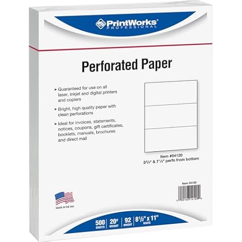 PrintWorks Professional Paper, 8.5 x 11, 20 lb, 2 Horizontal Perfs 3.66" and 7.33", 500 Sheets, White (04120) Cover