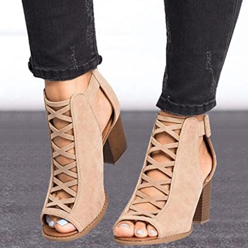 Quealent Sandals For Women Dressy Summer Open Toe Ankle Strap Zipper Chunky High Heel Platform Faux Suede Cutout Dress Booties Beige #TOP1