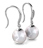 Jade Marie ADMIRABLE Silver Dangle Pearl Earrings, 18k White Gold Plated Earrrings with Swarovski Crystals, Dangling Freshwater Pearl Earrings for Women