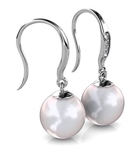 Jade Marie ADMIRABLE Silver Dangle Pearl Earrings, 18k White Gold Plated Earrrings with Swarovski Crystals, Dangling Freshwater Pearl Earrings for Women