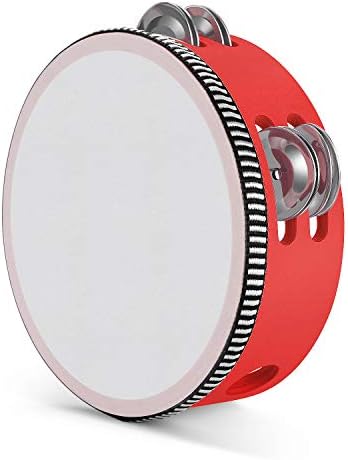 Flexzion Wood Handheld Tambourine for Kids and Adults 6-Inch Double Row 8-Pair Jingles (Red) - Percussion Round Tamborines Musical Instrument with Metal Zills