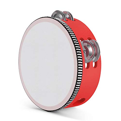 Flexzion Wood Handheld Tambourine For Kids And Adults 6-Inch Double Row 8-Pair Jingles (Red) - Percussion Round Tamborines Musical Instrument With Metal Zills #TOP16
