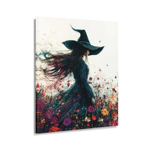 Impression sur toile portrait de sorcière élégant 60 x 90 cm encadré, décoration d'intérieur d'automne