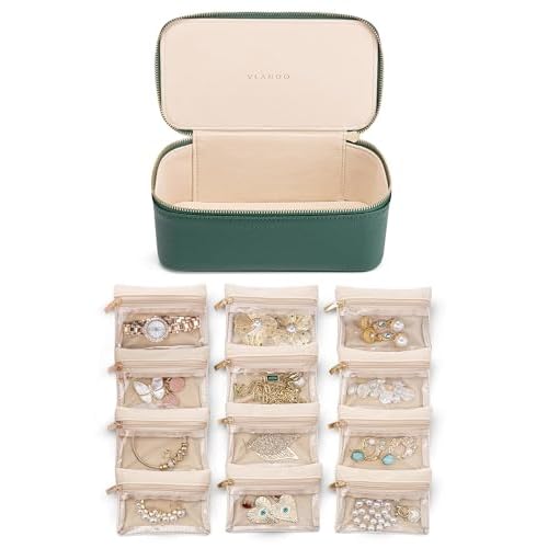 Vlando Travel Jewellery Organiser, PU Leather Jewellery Box with 12 Velvet Jewellery Pouch, Jewellery Case for Necklace,Ring, Gifts for Women, Green-L C.12 Pcs-green