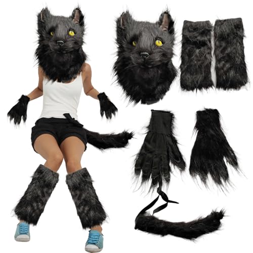 Disfraz de gato negro de Halloween Therian Mask para mujeres adultas con máscara de gato peludo, guantes de pata de gato, calentadores de gato y piernas Fox Wolf Furry Furry para accesorios