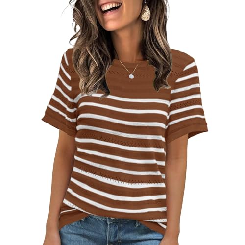 Image of ANCAPELION Women's Short Sleeve Sweater Top Striped Knit Crew Neck Pullover for Summer Trendy Shirts