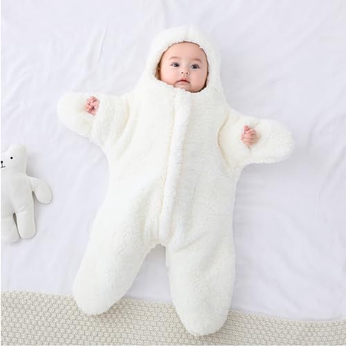 Image of Baby Starfish Onesie, Thick Imitation Fleece Starfish Newborn Romper, Infant Footie Jumpsuit Winter Warm Outfits(White,0-2 Months)