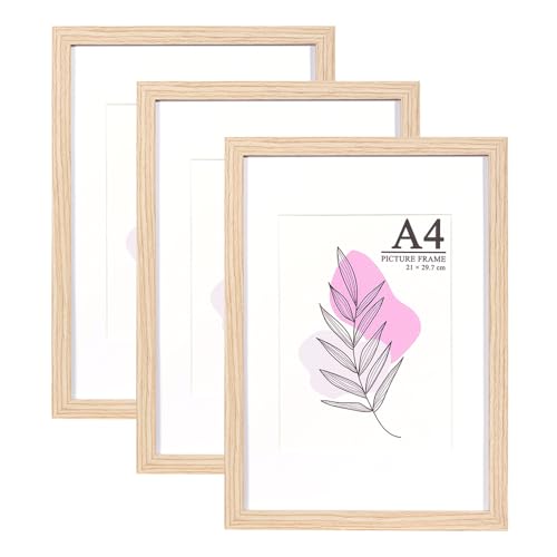 Baoee Oak Picture Frame A4 with Mount,Set of 3,photo frame with acrylic glass,certificate frame,Freestanding and Wall Mountable