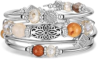FULU AUTUMN Silver Beaded Bangle Bracelet for Women Handmade Boho Stacking Wrap Bracelet with Crystal Beads Costume Fashion Jewellery Gifts