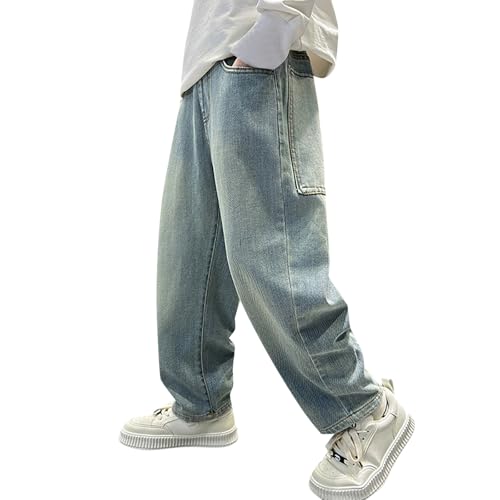 Boys Ripped Jeans Distressed Elastic Waist Baggy Denim Pants Wide Leg Straight Trousers Y2k Streetwear Pants 4-14Y