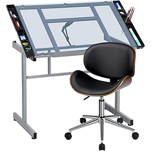 Yaheetech Drafting Table Drawing Table Artist Desk Tilted Tabletop Art Craft Desk With Height Adjustable Rolling Stool For Home Office #TOP7