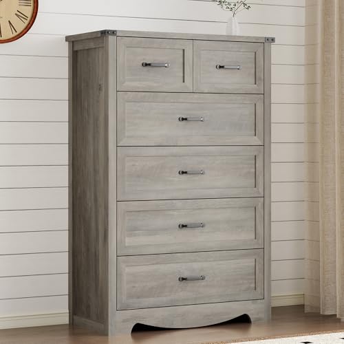 Image of BORNOON Tall 6-Drawer Dresser for Bedroom, Modern Wooden Chest of Drawers with Metal Handles, Anti-Tipping Design, Sturdy and Stable Storage Organizer for Living Room, Entryway, Home Office