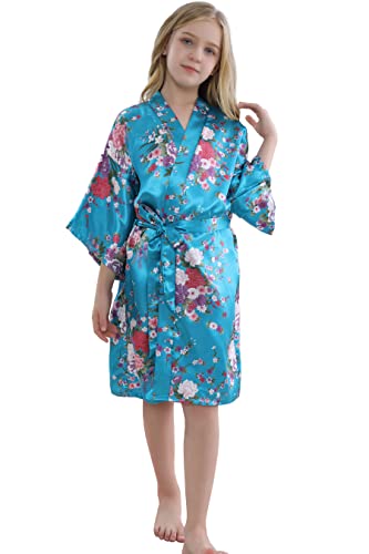 Morforu Girls Kids Daffodils Silky Satin Kimono Robe For Wedding Spa Party, Short (Turquosie, Tag 10) #TOP7