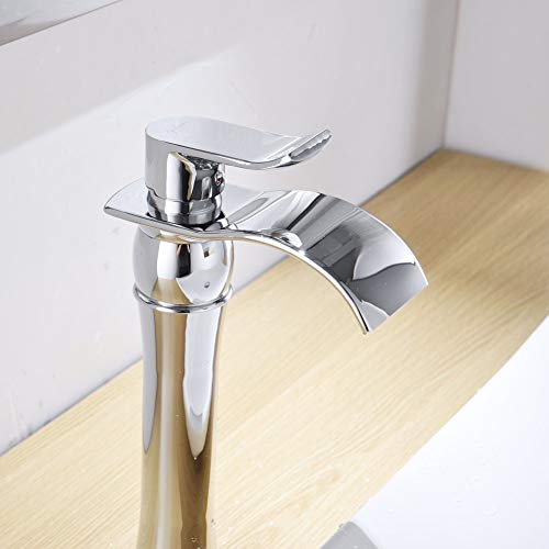 Bwe Vessel Sink Faucet Chrome Waterfall Single Hole Bathroom Faucet Commercial With Pop Up Drain Without Overflow And Supply Line Bath Single Handle Faucet For Sink Tall Body Lead-Free #TOP5