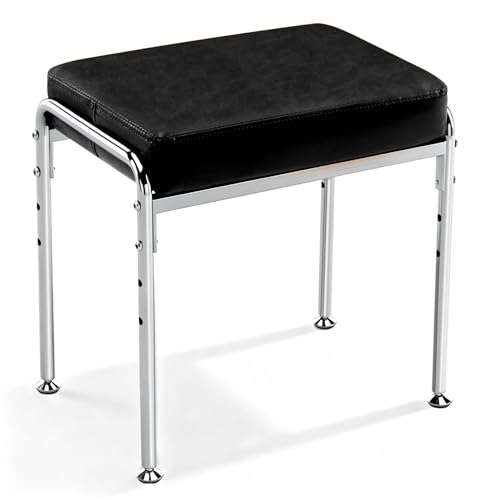 WUDOYO Vanity Stool, Chrome Metal Frame, 3-Height Adjustable Settings (Black)