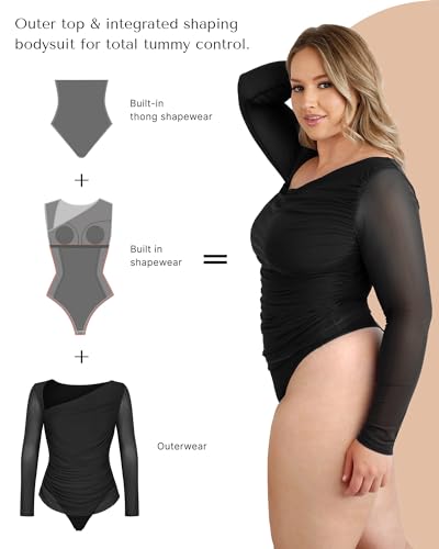 SHAPELLX Long Sleeve Tummy Control Bodysuit Tops V Neck Shapewear Thong Full Body Shaper for Womens (Black,3X-Large) - Thumbnail 3