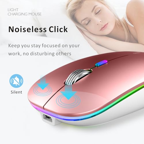 Image of Uiosmuph LED Wireless Mouse, G12 Slim Rechargeable Silent 2.4G Portable Optical Wireless Computer Mice with USB Receiver and Type C Adapter (Rose Gold)