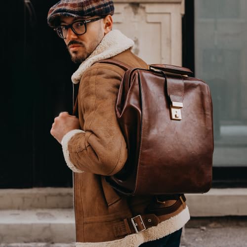 Image of Time Resistance Leather Backpack for Men and Women - Business Rucksack Laptop Bag (Cognac Brown)