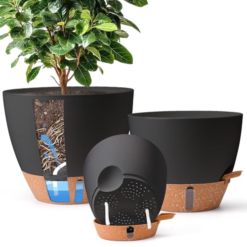 T4U 3 Pack Self Watering Pots (8"+10"+12") - Water Level Indicator & Deep Reservoir, Mess-Free Planters for Busy People, Beginners & Gardeners, Fits Pothos to Monstera, Indoor Outdoor Use (Black)