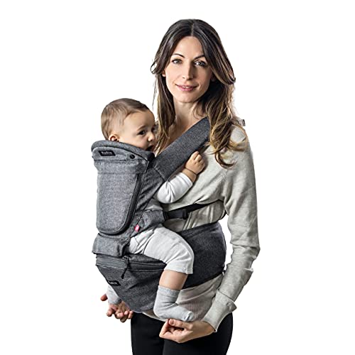 MiaMily Hipster Smart - Ergonomische Babytrage mit 6 unterstützenden Tragepositionen, Kindertrage mit eingebautem 3D-Hüftsitz für Kleinkinder und Säuglinge, verstellbarer Gürtel, Grau Cover