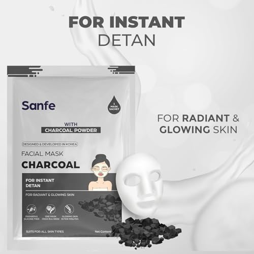 Image of Sanfe Instant Detan Charcoal Facial Mask | For radiant & glowin skin | 100% fruit extracts, Korean Mask | 1pc, 25gm | 100% fruit extracts, Korean Mask | 25gm | Pack of 1