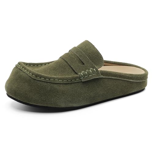BWSEOBG Men's Wide Toe Platform Clogs Mules with Arch Support Comfort Handmade Suede Round Closed Toe Slippers Fashion Casual Slip-On Loafer Slides for Office Vacation (Olive Green,9)